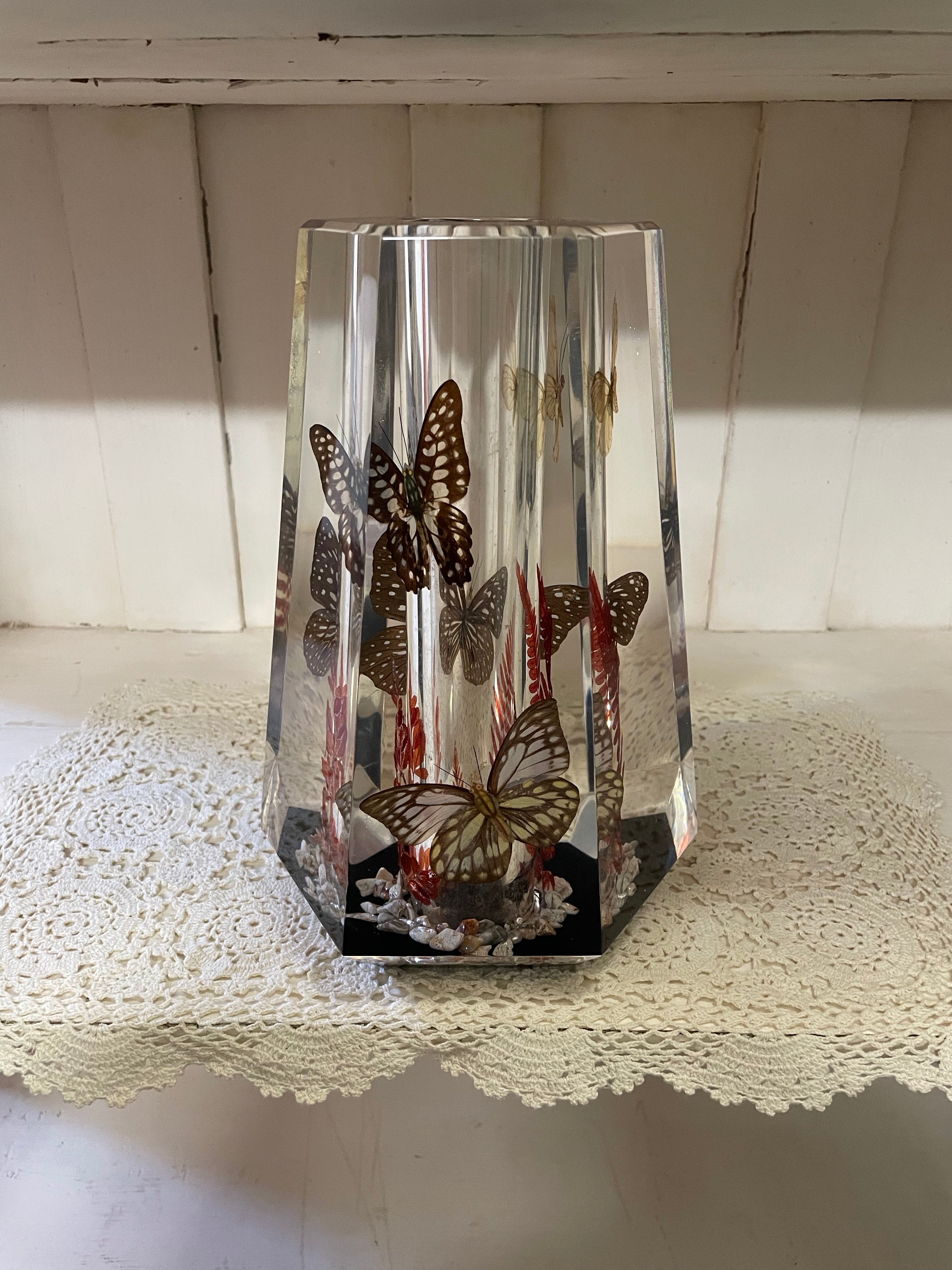 Vintage Butterfly Garden Lucite Vase