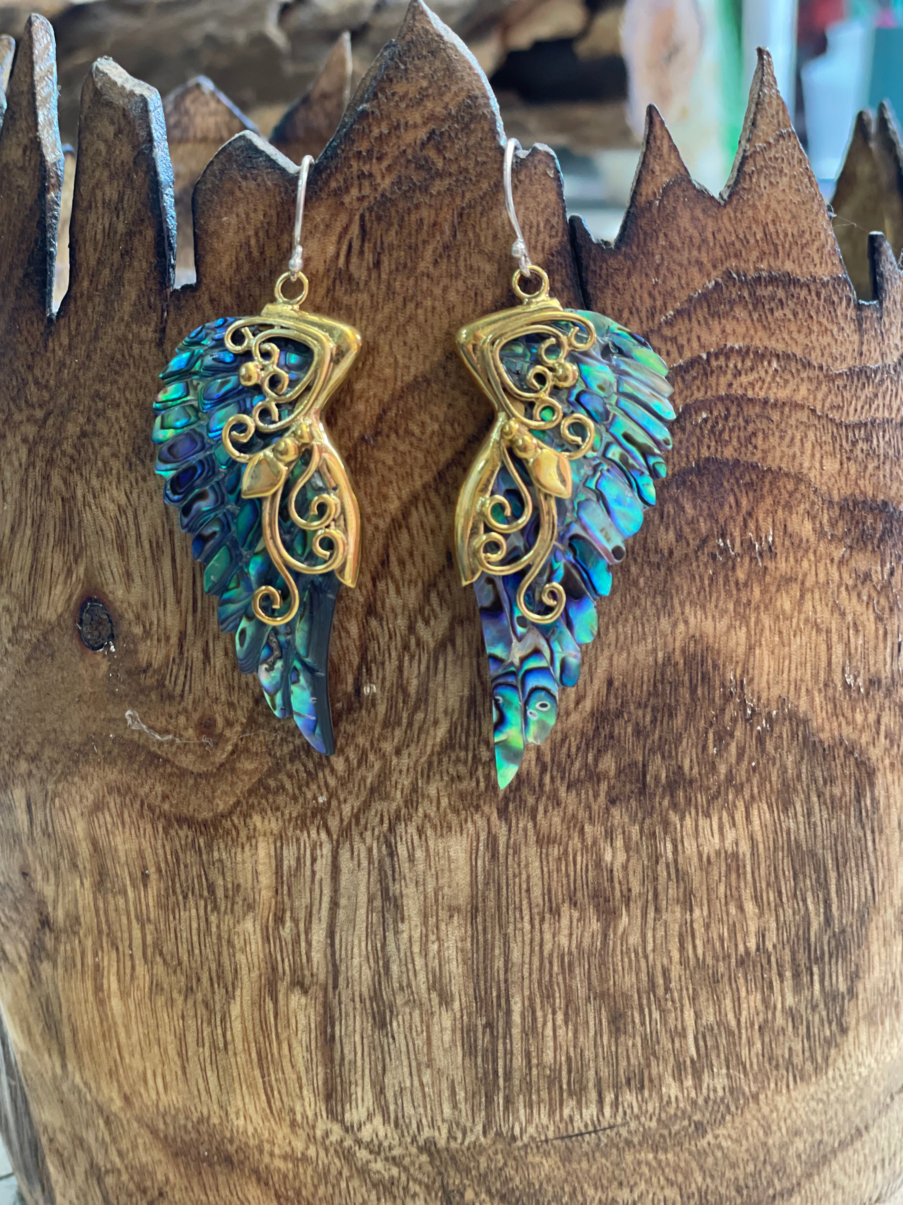 Mini Athena Wings Abalone and Brass Earrings