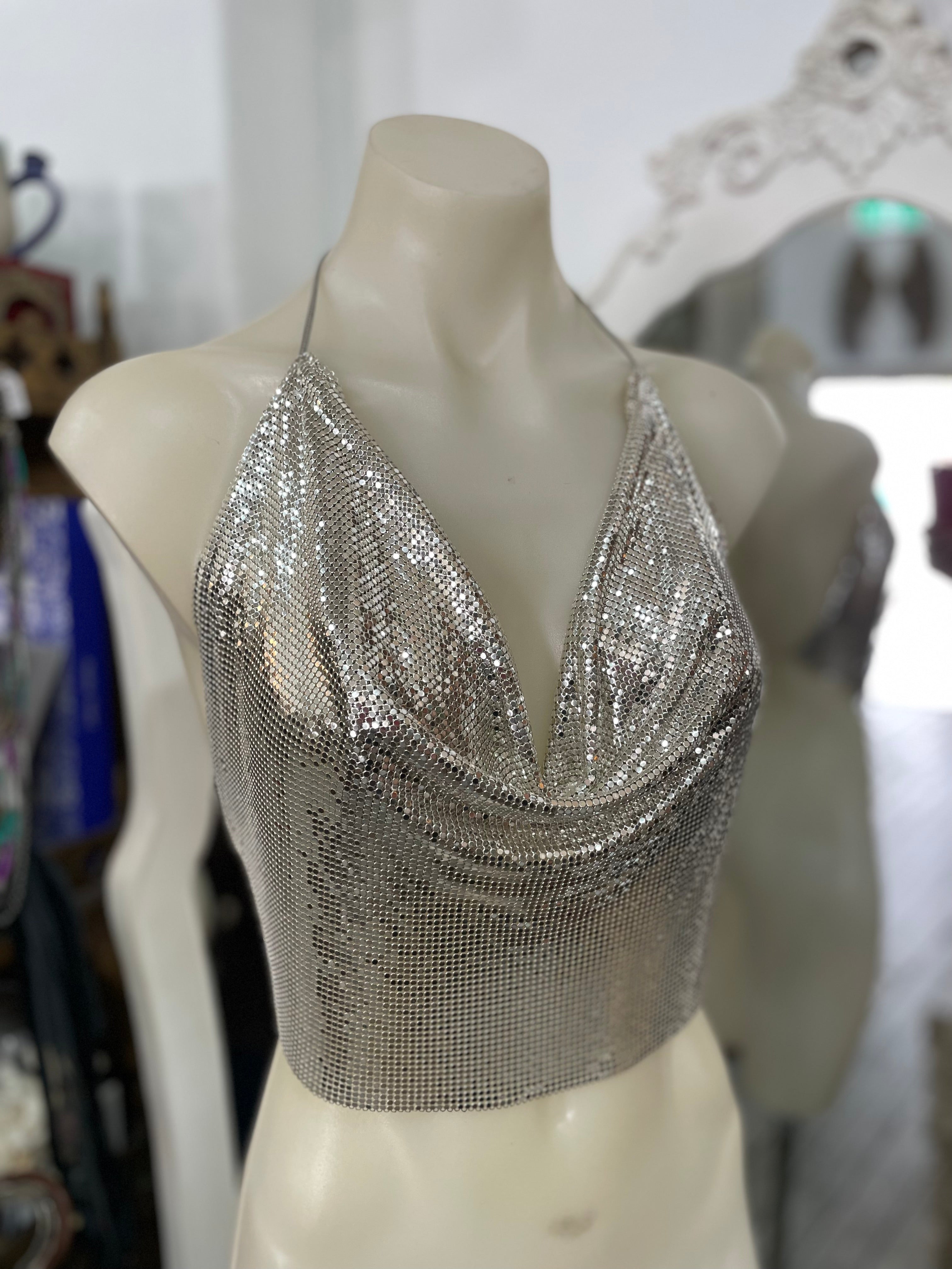 Rare Find - Original 1970s Silver Glomesh Halter Top (Studio 54 style)
