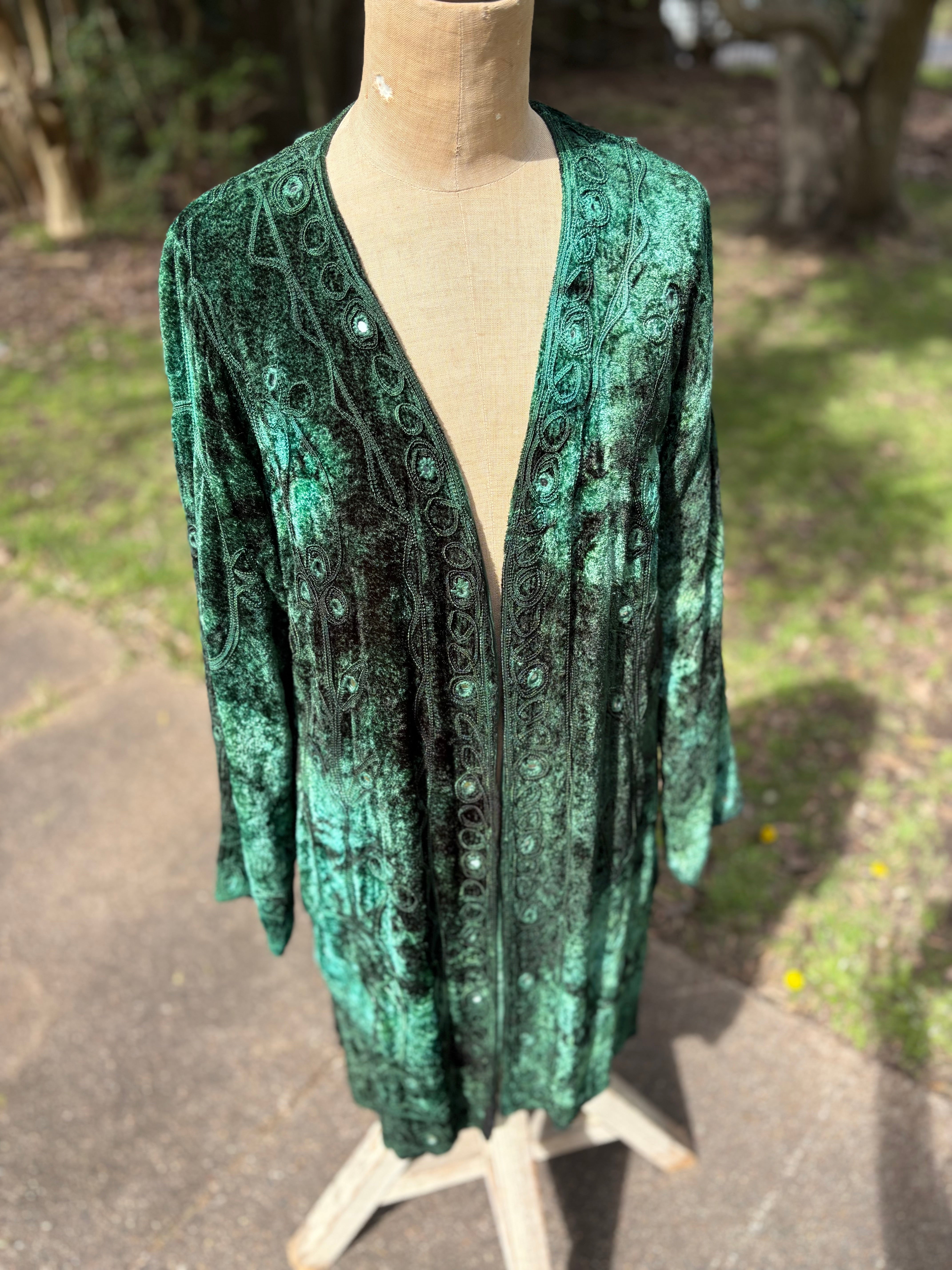 Emerald Green Rayon Velvet Coat / Duster