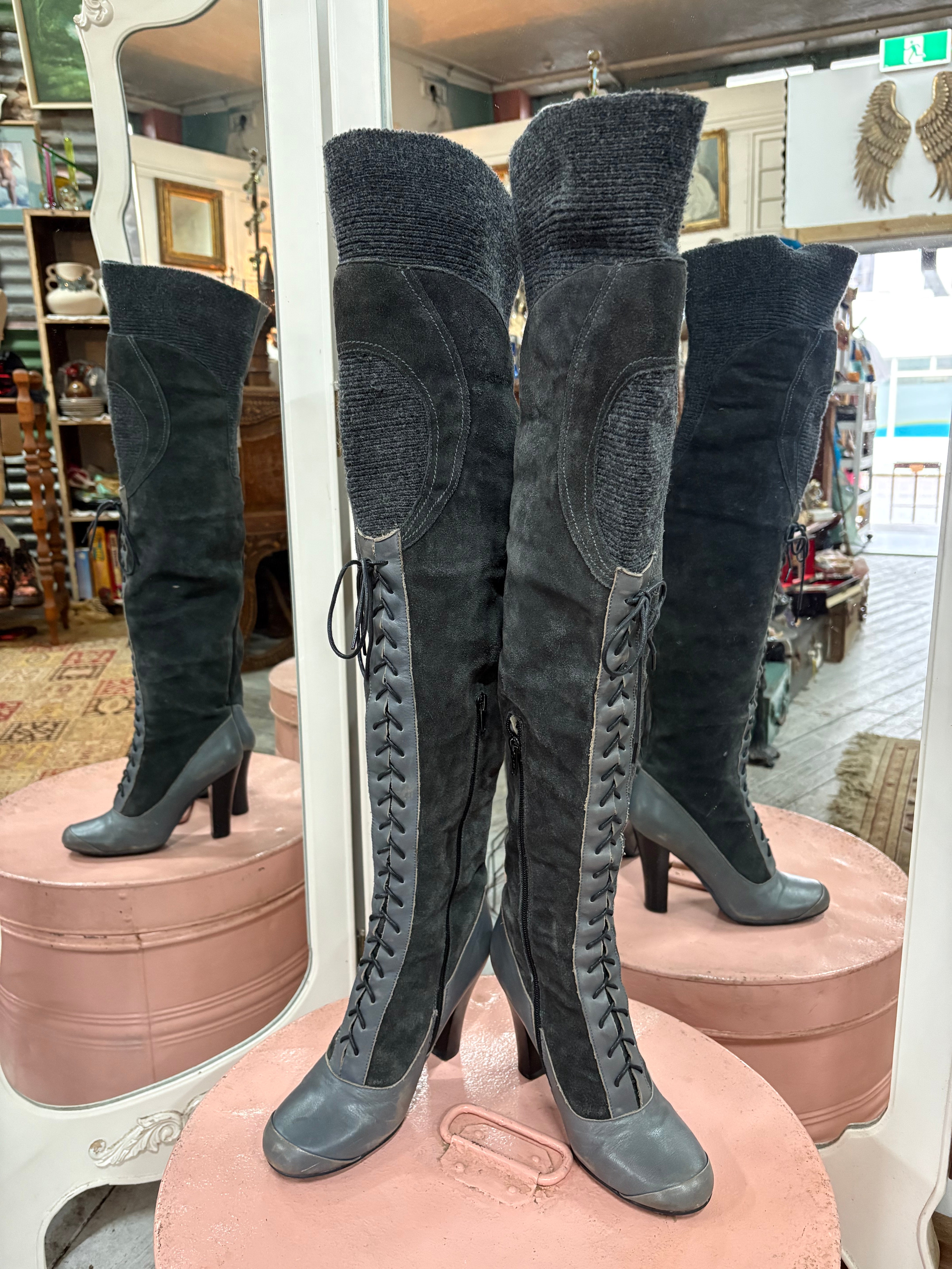 Sam Edelman for UGG Over the Knee Grey Lace Up Boots