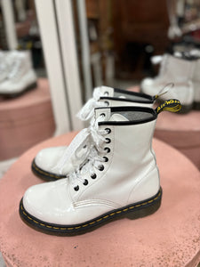 Dr. Marten Patent White Ribbon Lace Up Boots