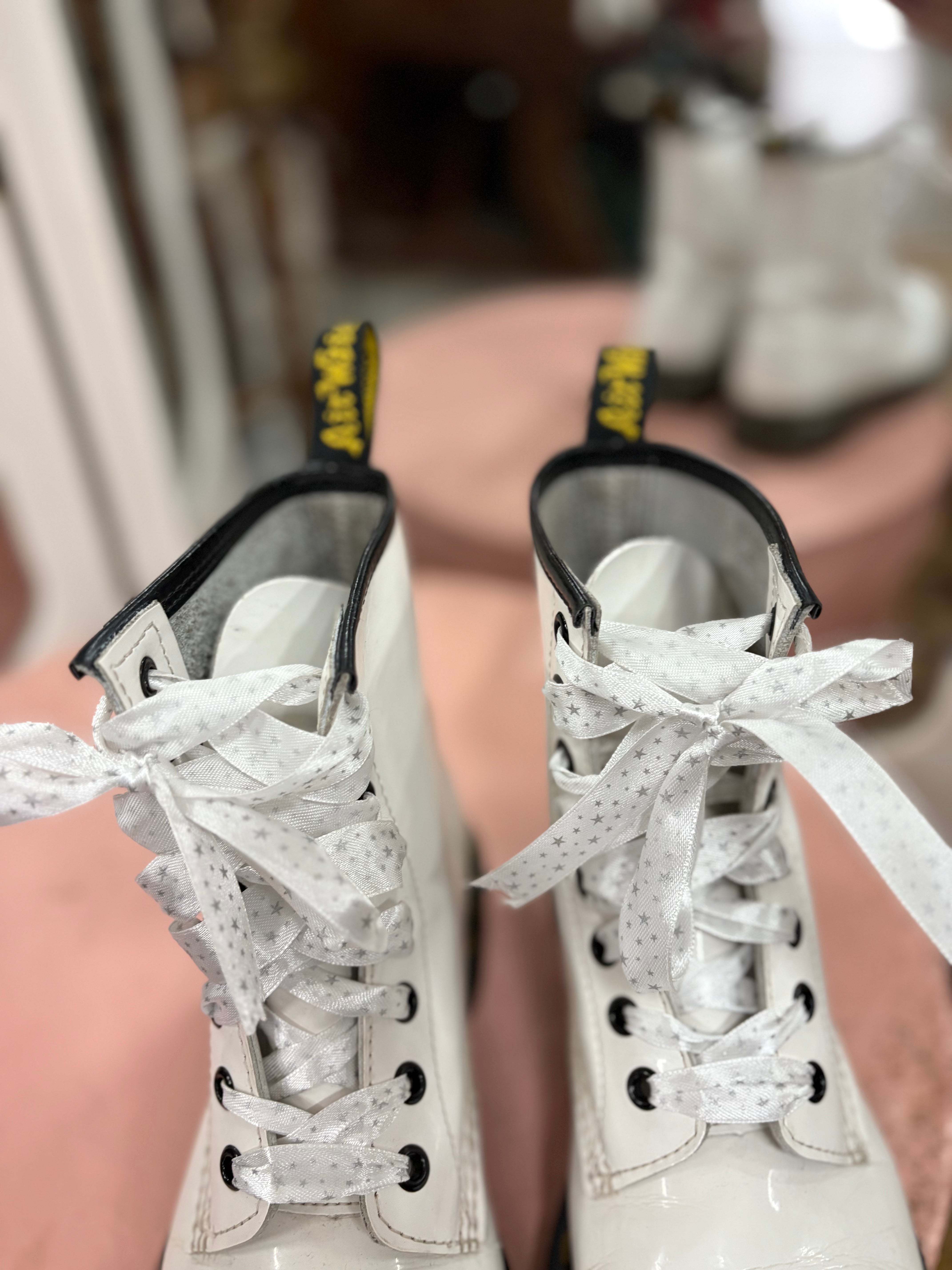 Dr. Marten Patent White Ribbon Lace Up Boots