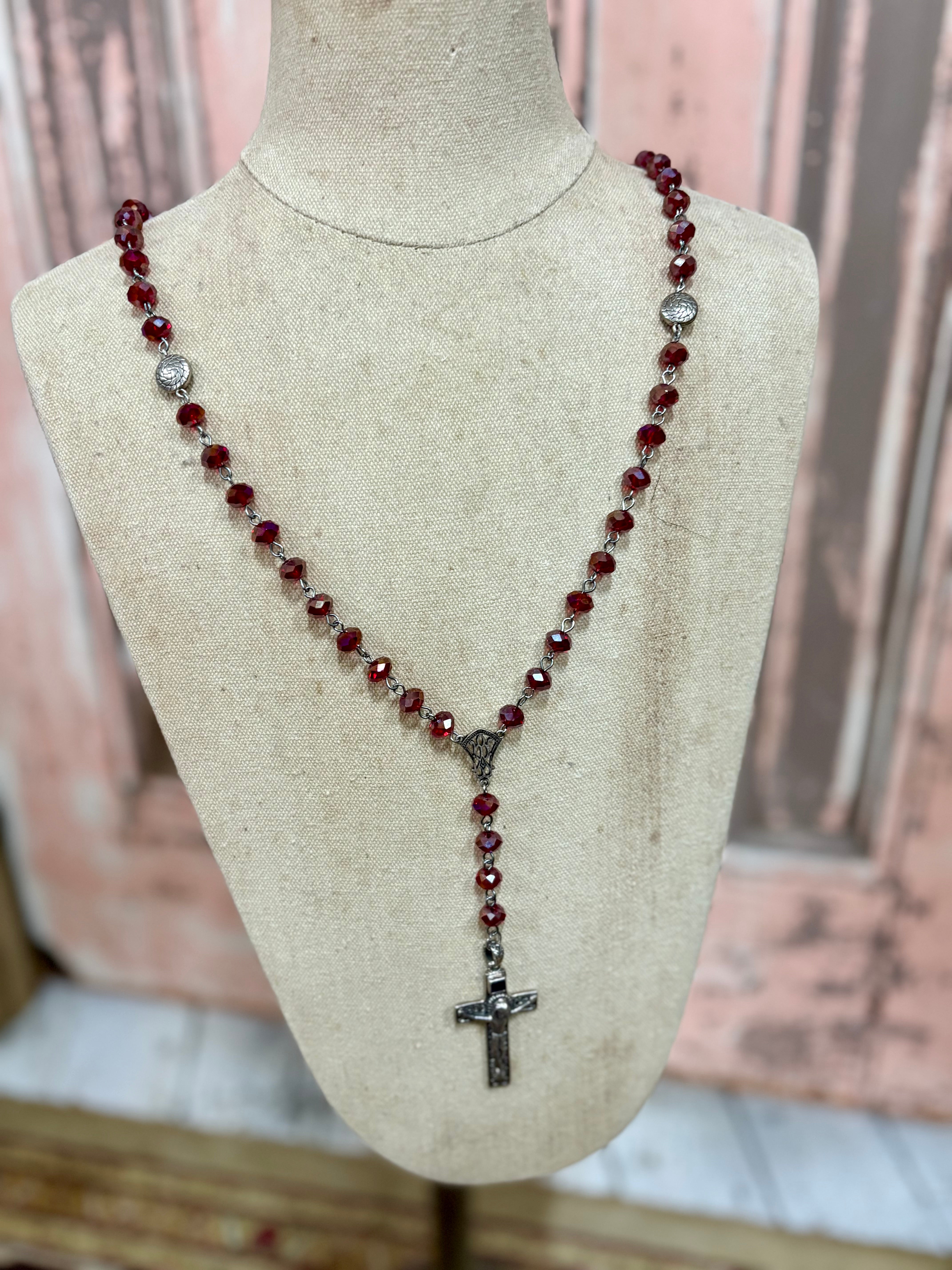 Ruby Glass Bead and Silver Crucifix and Temple Earring Set