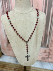 Ruby Glass Bead and Silver Crucifix and Temple Earring Set