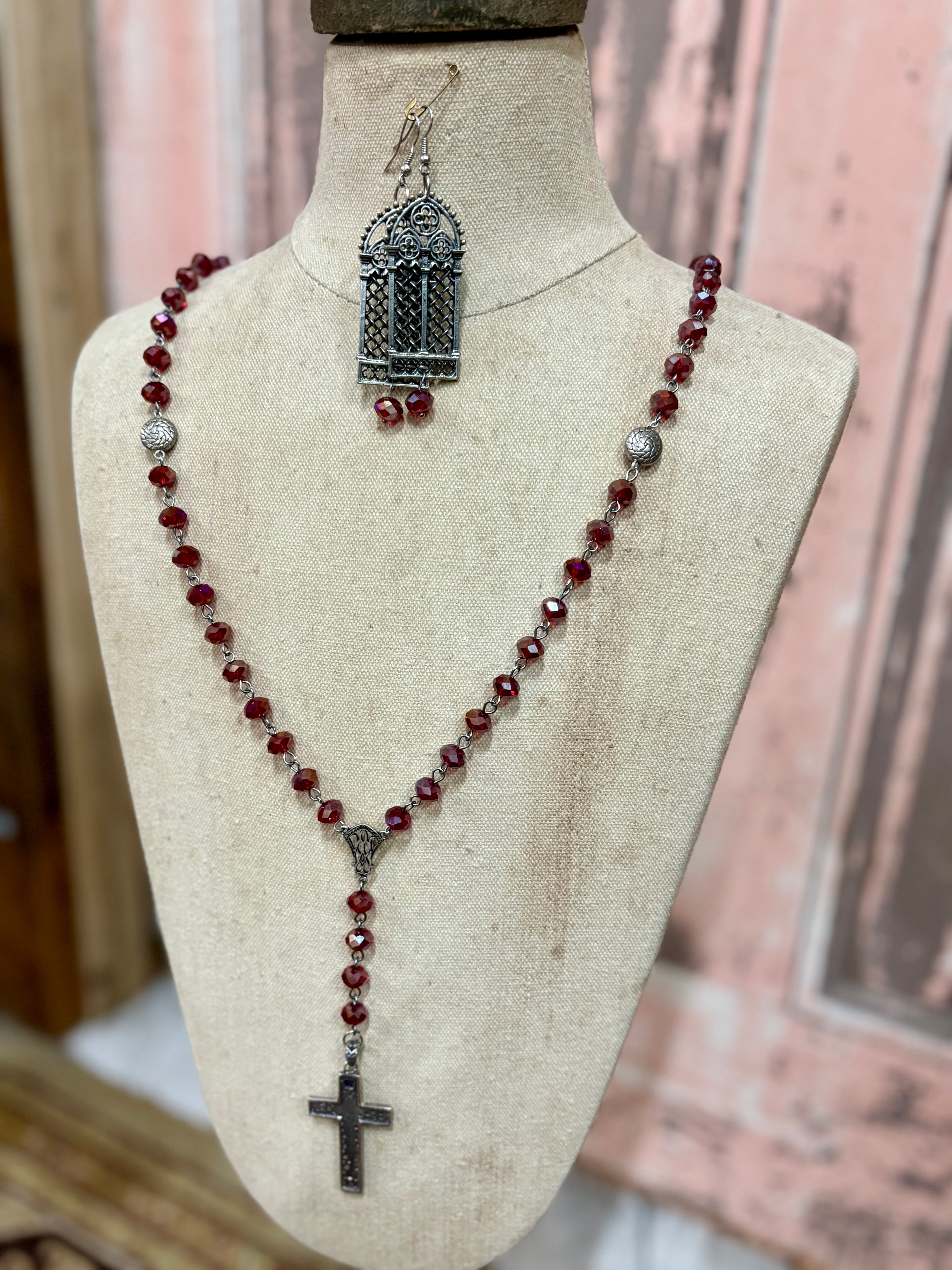 Ruby Glass Bead and Silver Crucifix and Temple Earring Set