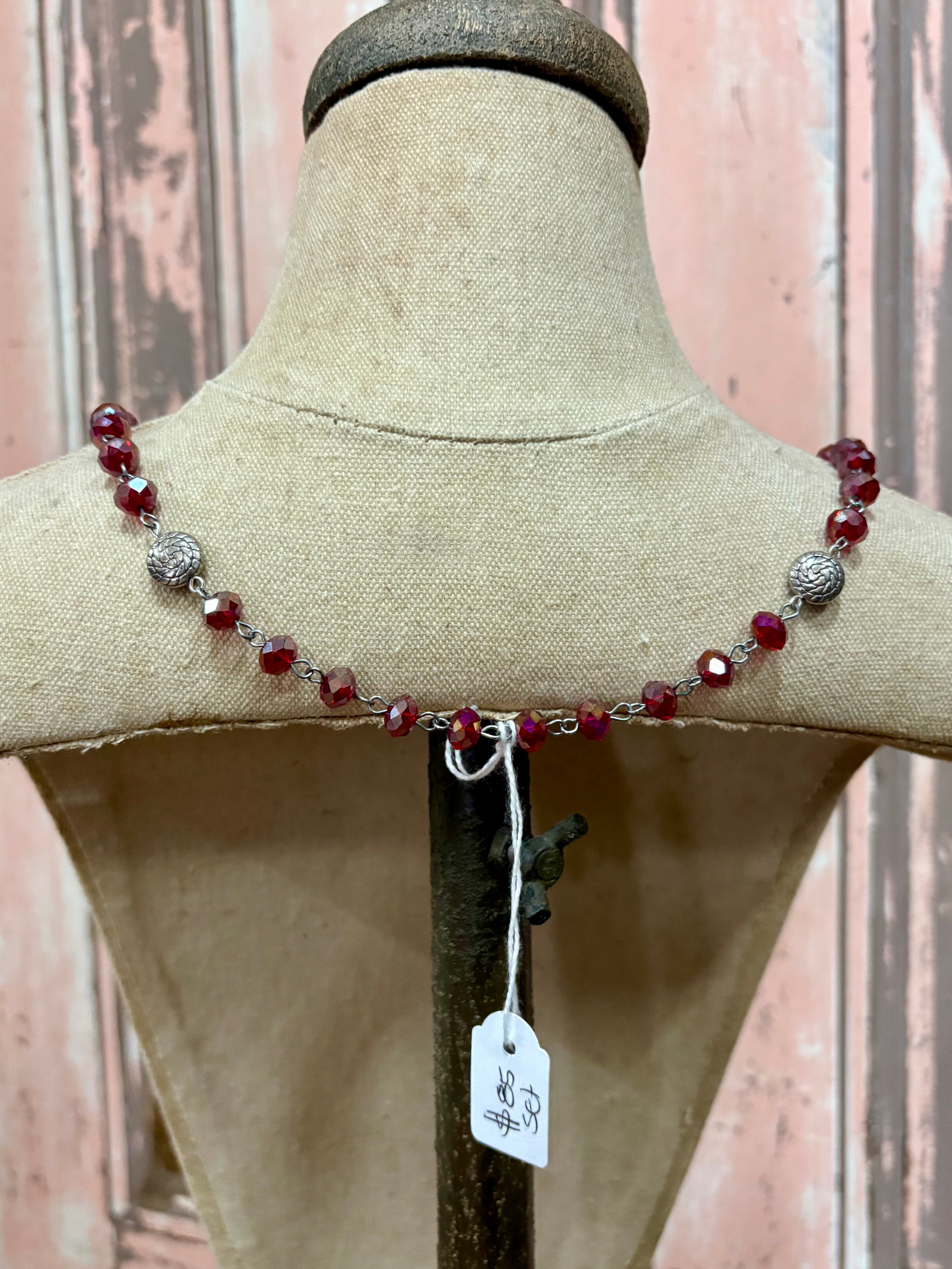 Ruby Glass Bead and Silver Crucifix and Temple Earring Set