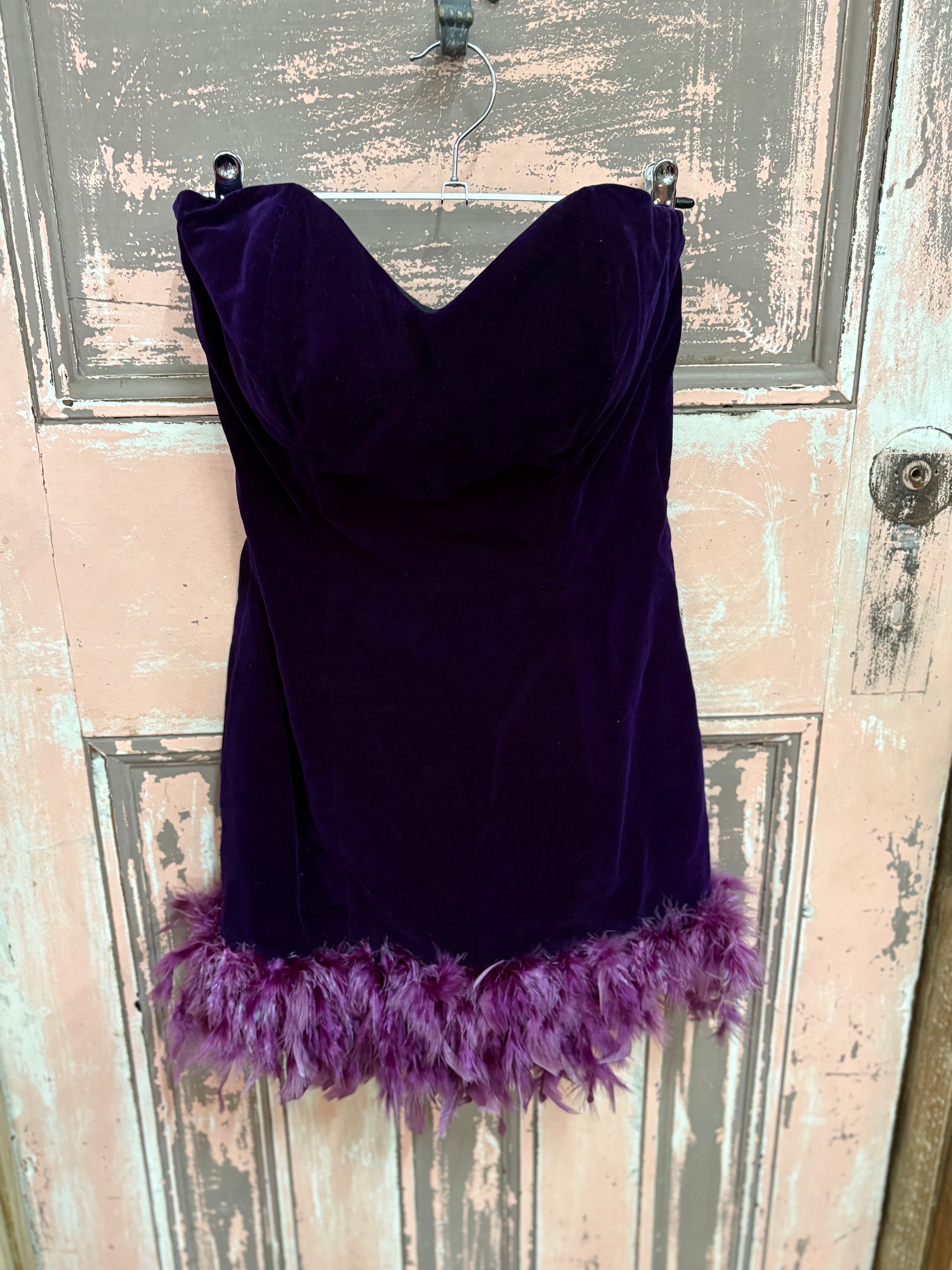 Vintage 90's 'Cash Palace' Velvet Mini Dress With Feather Trim