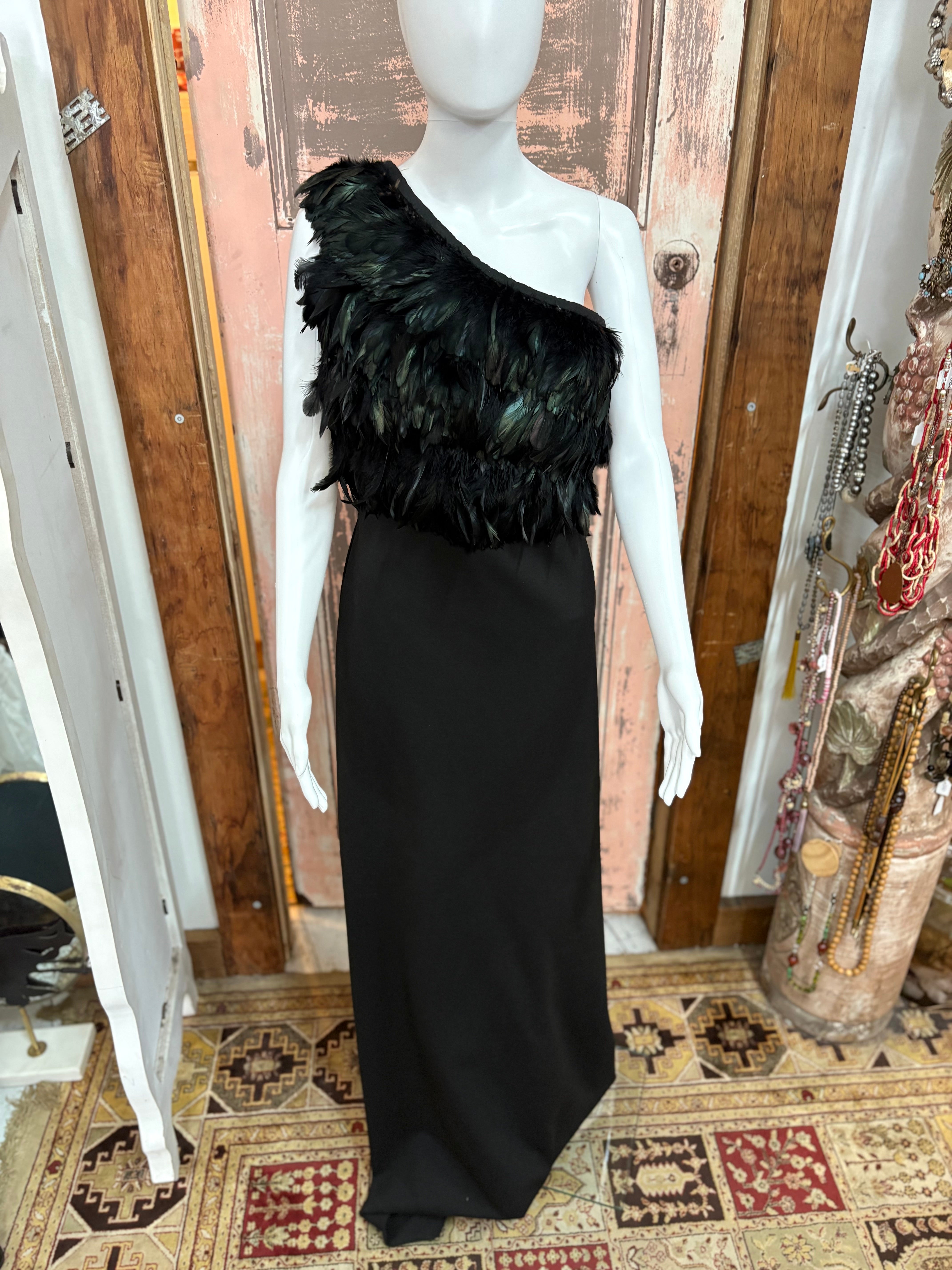 Karen Gee One Shoulder Feather Trim Maxi Gown