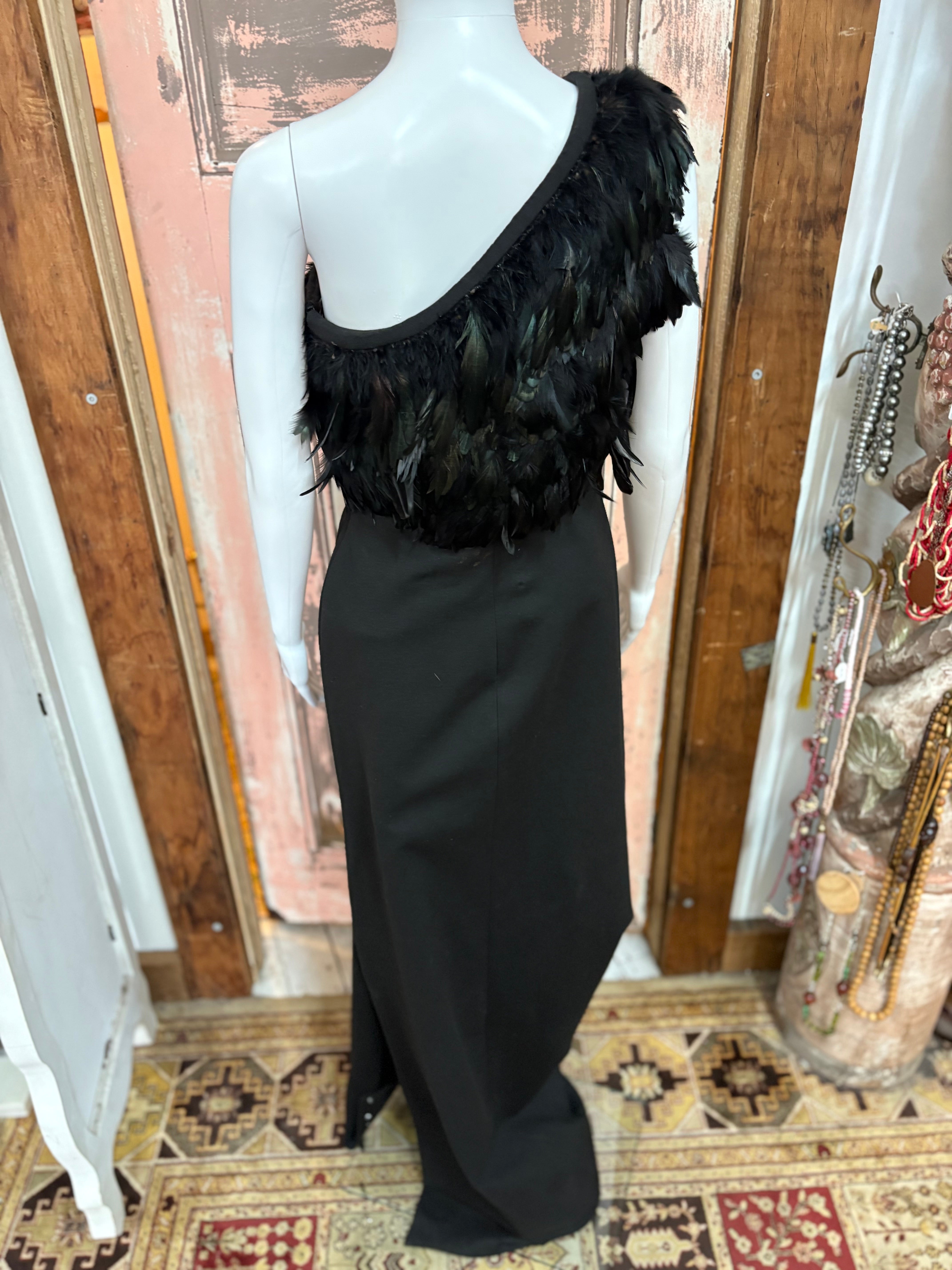 Karen Gee One Shoulder Feather Trim Maxi Gown