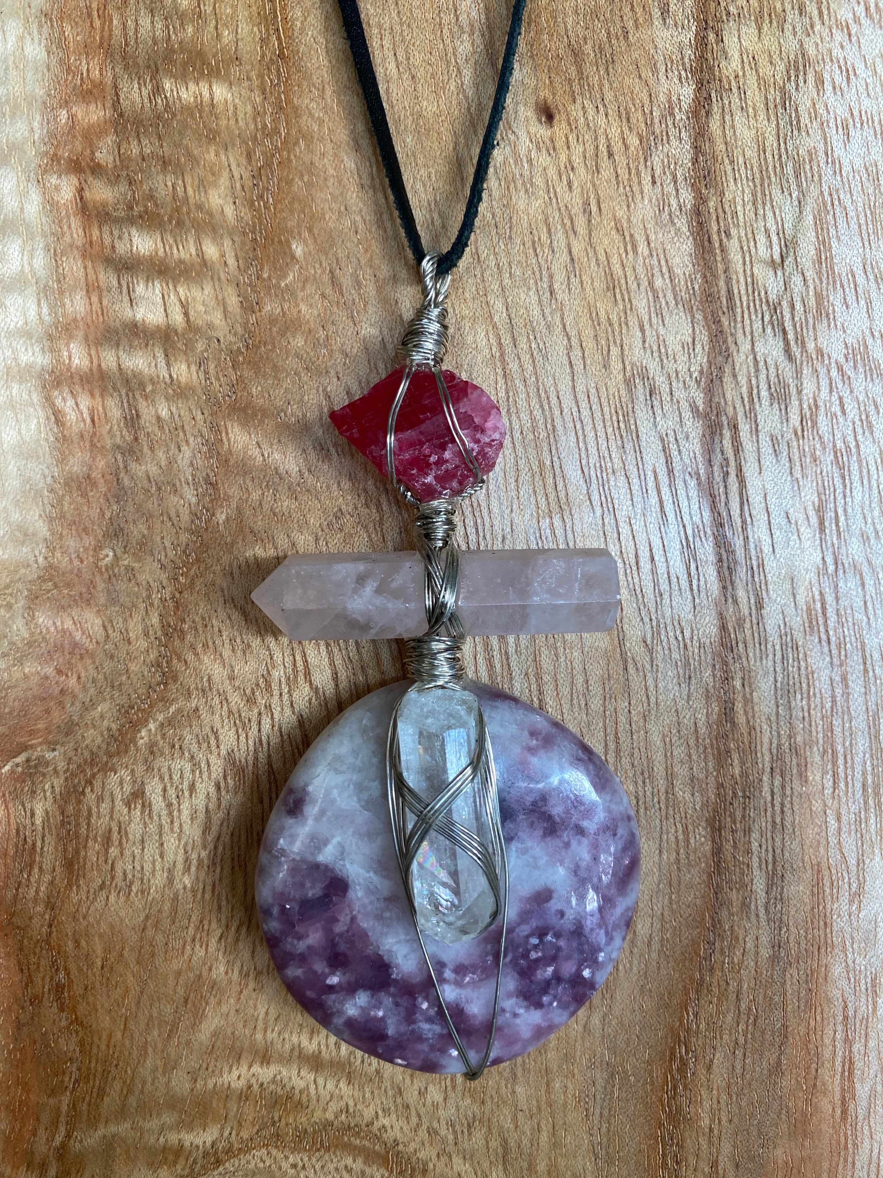 Handcrafted Ruby/Rose Quartz/Lepidolite Crystal Necklace